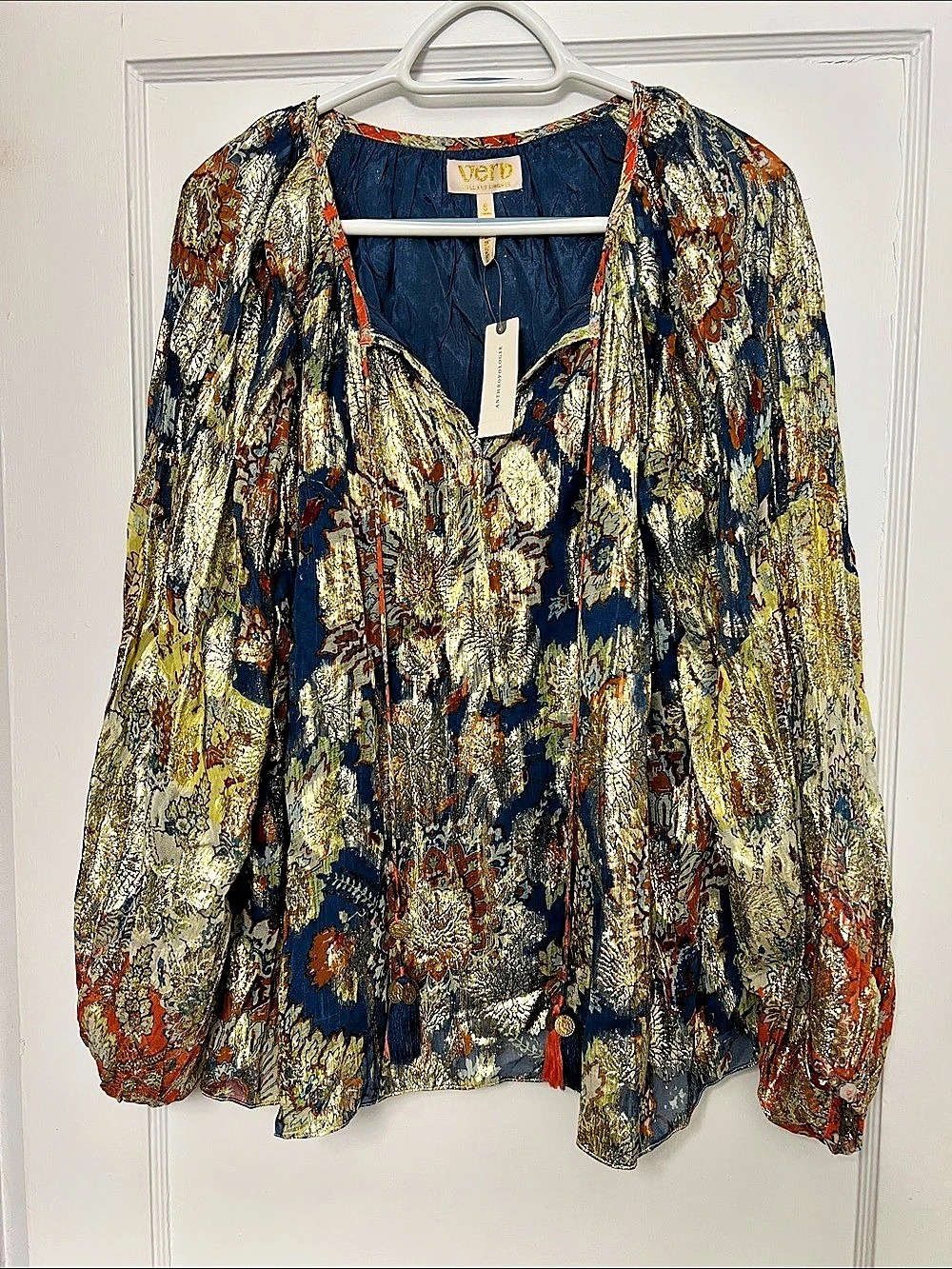 Anthropologie Floral Blouse in Blue & Gold Size Small NWT